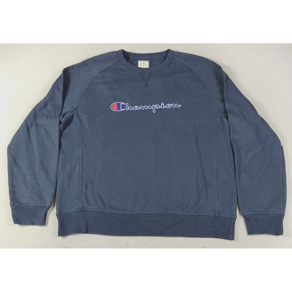 Champion Sweatshirt Mens 2XL Blue Fleece Crewneck Pullover Script Logo Athletic